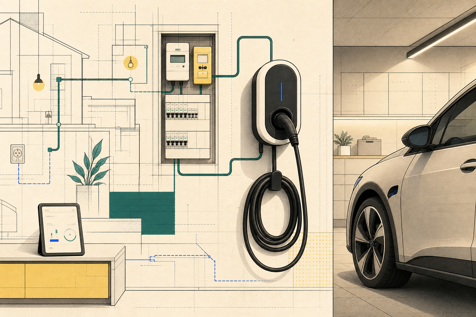 Garage abstrait avec borne de recharge et circuit électrique domestique