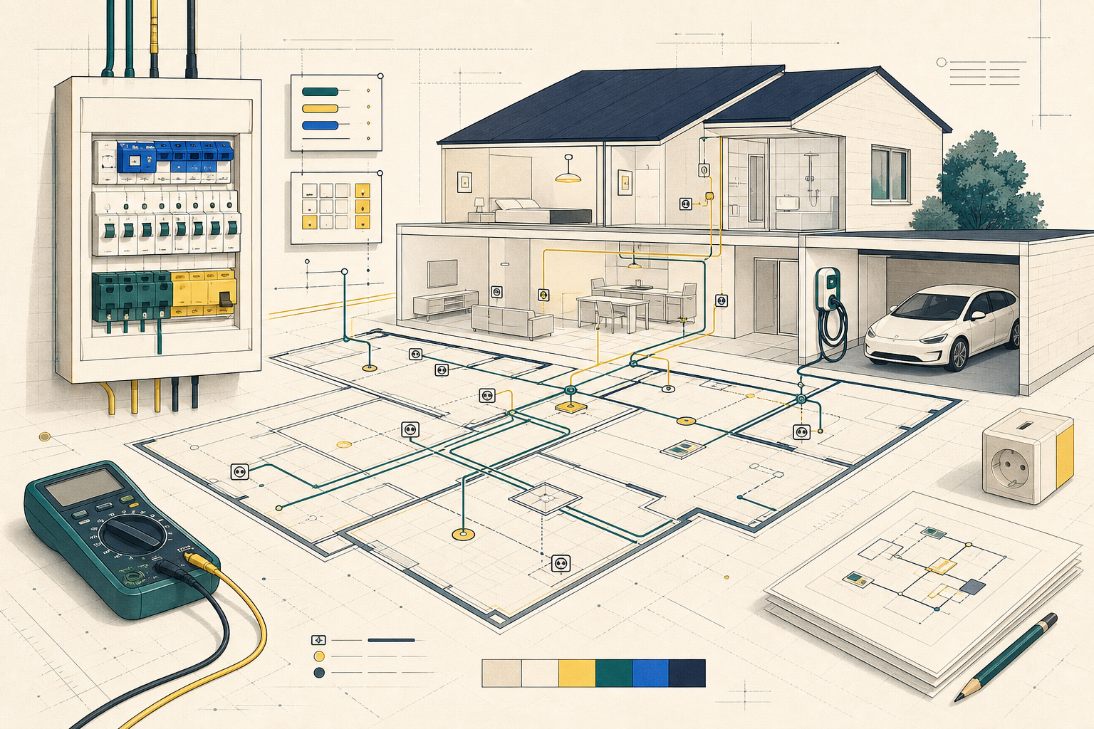 Plan technique abstrait d'une maison et de ses circuits électriques