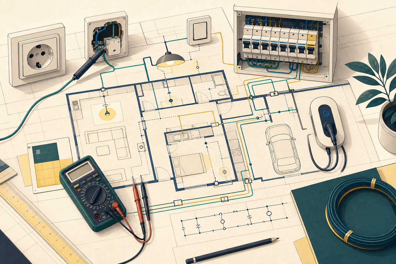Plan abstrait regroupant plusieurs interventions électriques à domicile